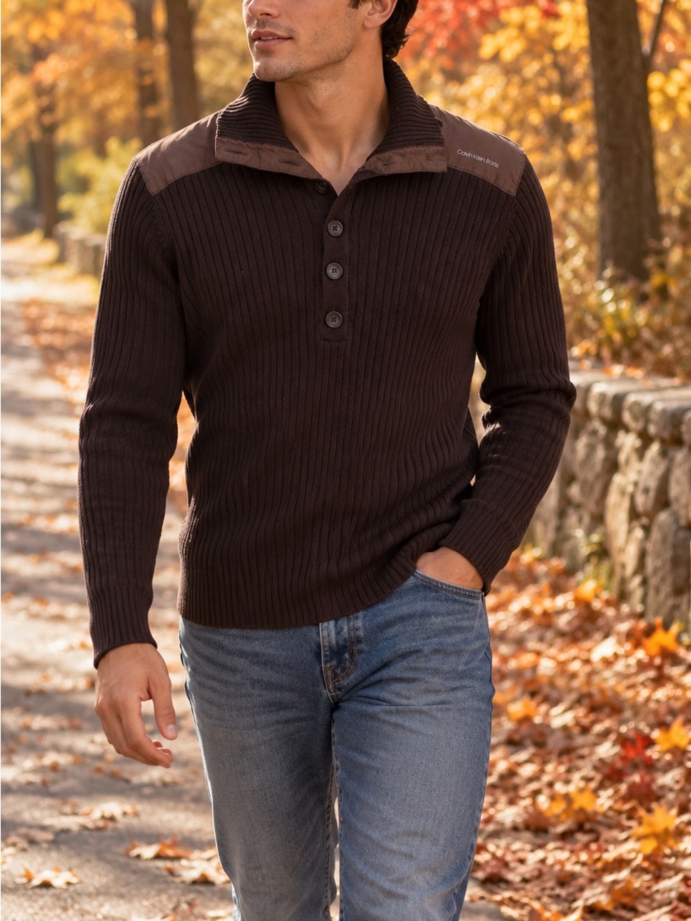 Calvin Klein Dark Brown Ribbed Zip-Front Sweater